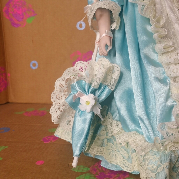 Porcelain Brunette Victorian Doll with Stand - Picture 8 of 11
